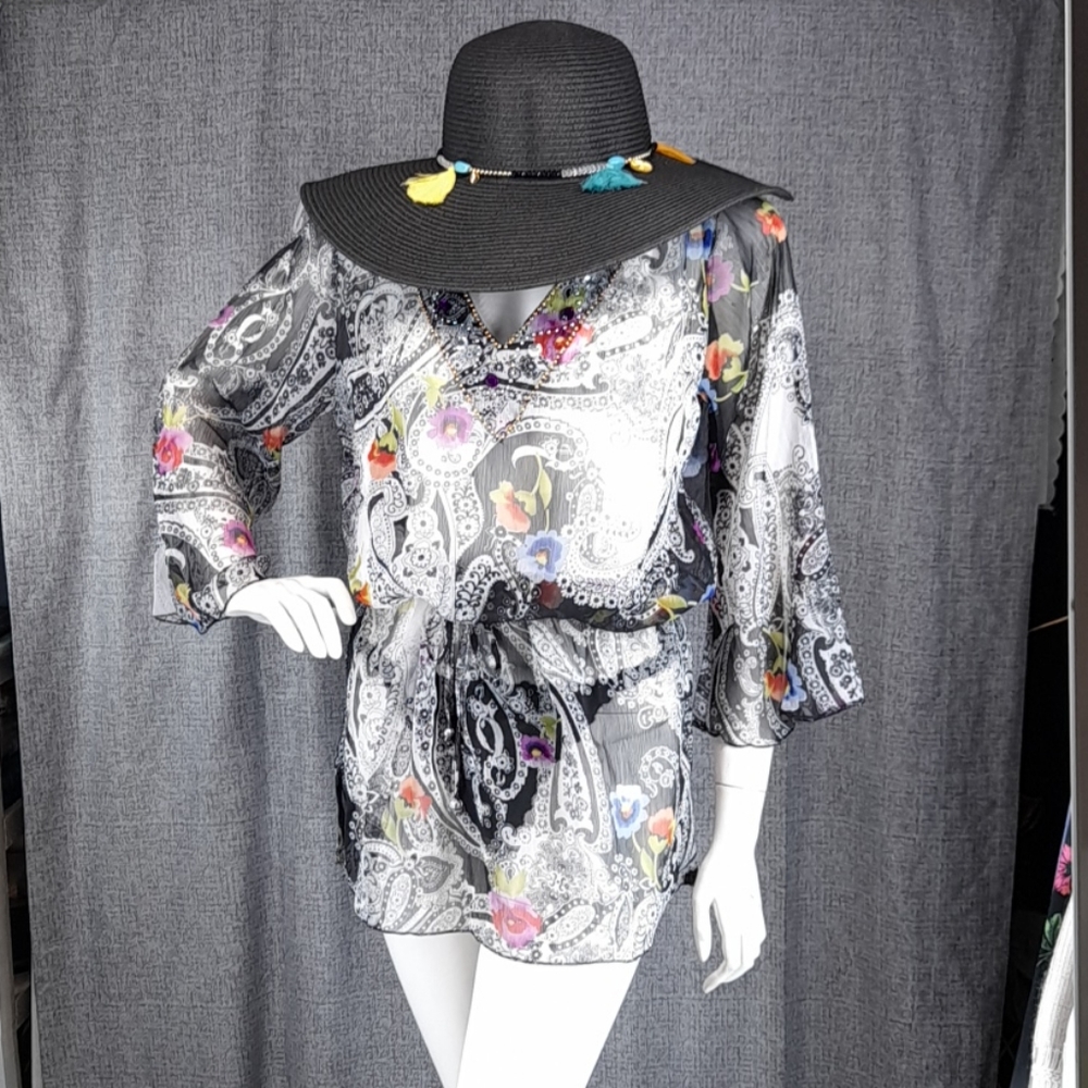 - Sheer V-neck Black & White Floral Bikini Cover Up